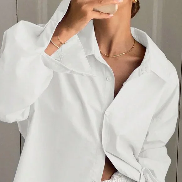 White Casual Women's Loose Long Sleeve Shirt With Collar - Picture 6 of 6